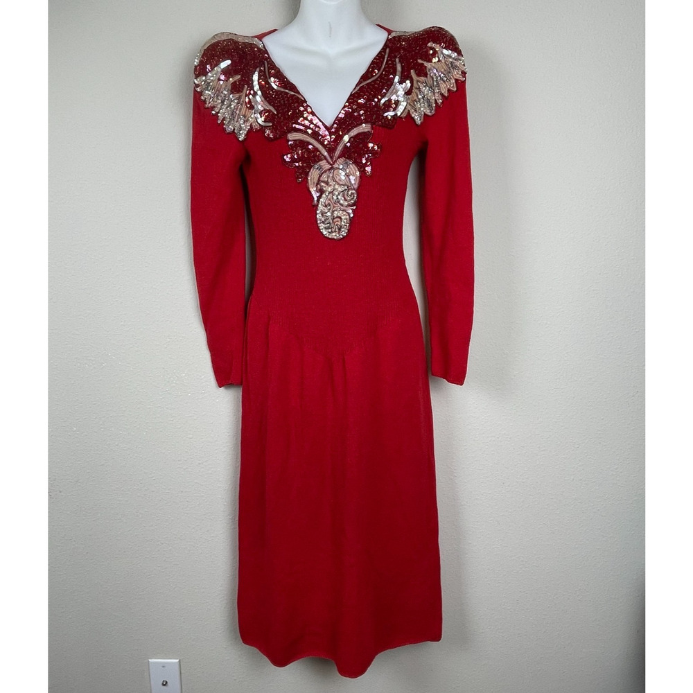 Pat Sandler for Wellmore Dress 12 Red Sweater Sequin Neck Cinch Waist Elegant